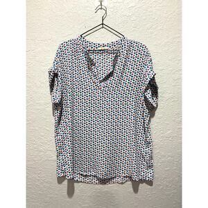 Pleione Short SleeveWomens Top Shirt Blue RedHearts  Sz L Petite Office Casual